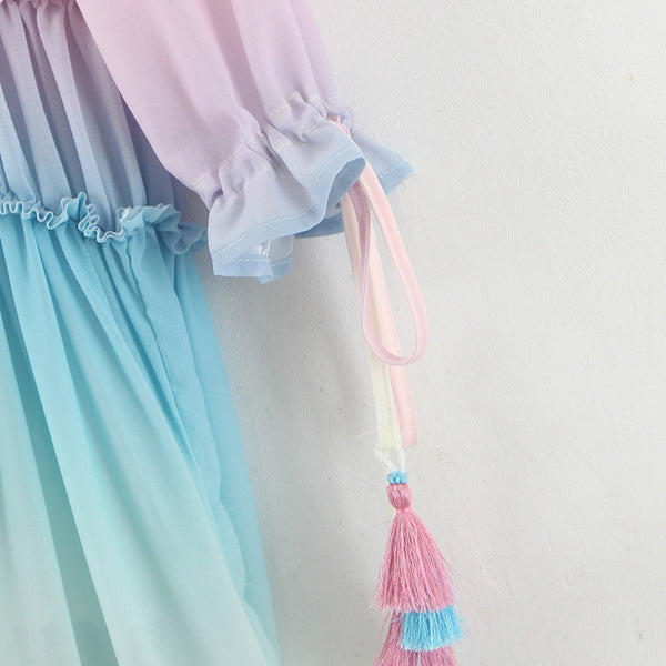 Holiday Style Women Dress Colorful Color Change Tassel Long Skirt Beach Long Sleeves Trapezze Tent Dress