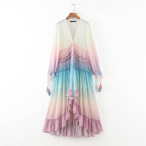 Holiday Style Women Dress Colorful Color Change Tassel Long Skirt Beach Long Sleeves Trapezze Tent Dress