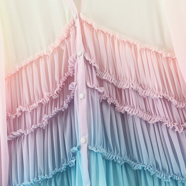 Holiday Style Women Dress Colorful Color Change Tassel Long Skirt Beach Long Sleeves Trapezze Tent Dress