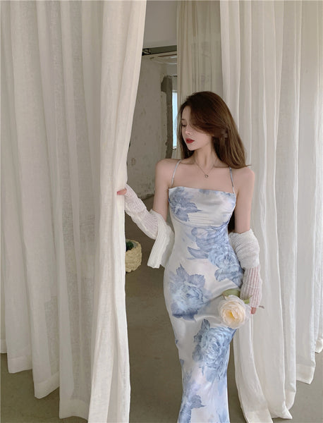 Amazing Sexy Women Back Hollow Blue Floral Satin Halter Strap Pencil Side Split Dress