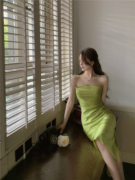 Amazing Sexy Women Back Hollow Backless Solid Color Satin Sleeveless Halter Strap Pencil Side Split Dress