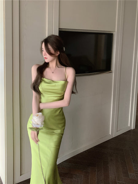 Amazing Sexy Women Back Hollow Backless Solid Color Satin Sleeveless Halter Strap Pencil Side Split Dress