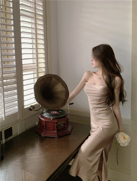 Amazing Sexy Women Back Hollow Backless Solid Color Satin Sleeveless Halter Strap Pencil Side Split Dress