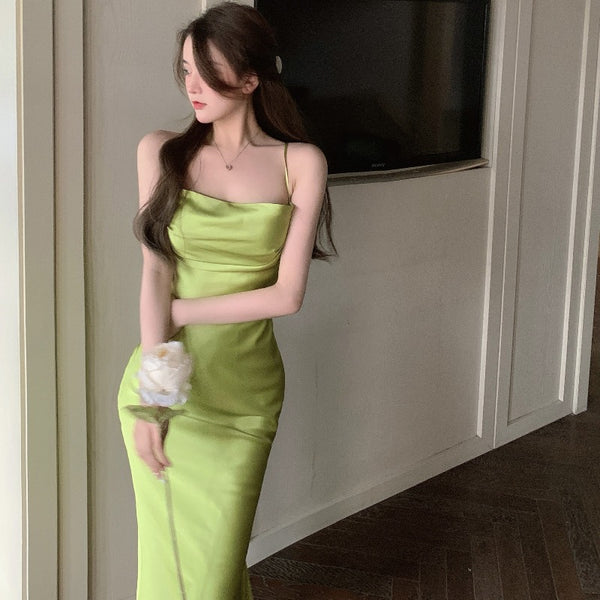 Amazing Sexy Women Back Hollow Backless Solid Color Satin Sleeveless Halter Strap Pencil Side Split Dress