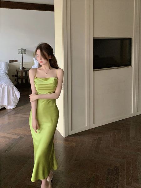 Amazing Sexy Women Back Hollow Backless Solid Color Satin Sleeveless Halter Strap Pencil Side Split Dress