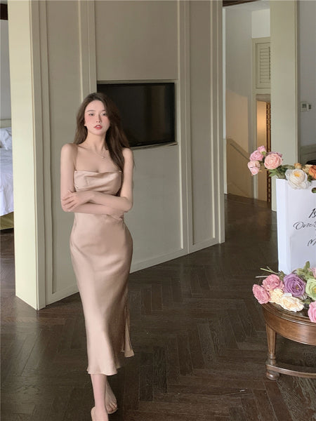 Amazing Sexy Women Back Hollow Backless Solid Color Satin Sleeveless Halter Strap Pencil Side Split Dress