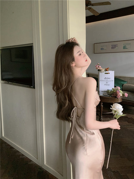 Amazing Sexy Women Back Hollow Backless Solid Color Satin Sleeveless Halter Strap Pencil Side Split Dress