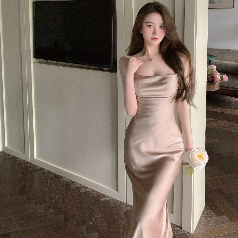 Amazing Sexy Women Back Hollow Backless Solid Color Satin Sleeveless Halter Strap Pencil Side Split Dress