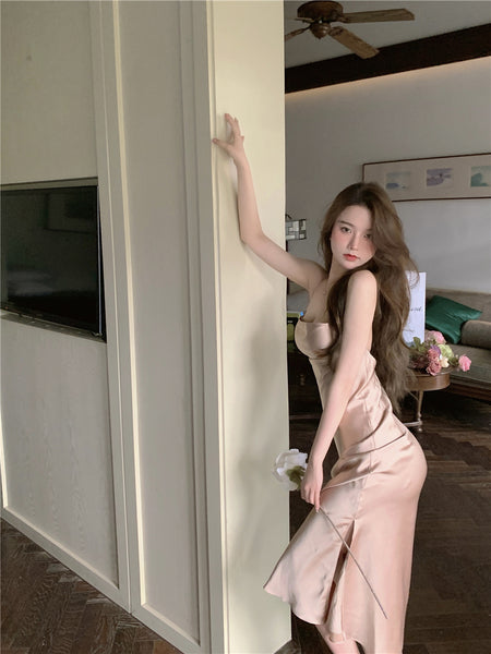 Amazing Sexy Women Back Hollow Backless Solid Color Satin Sleeveless Halter Strap Pencil Side Split Dress