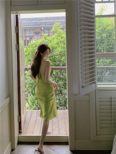 Amazing Sexy Women Back Hollow Backless Solid Color Satin Sleeveless Halter Strap Pencil Side Split Dress