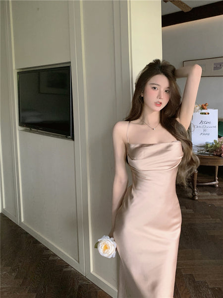 Amazing Sexy Women Back Hollow Backless Solid Color Satin Sleeveless Halter Strap Pencil Side Split Dress