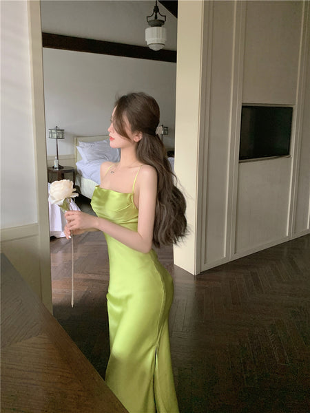 Amazing Sexy Women Back Hollow Backless Solid Color Satin Sleeveless Halter Strap Pencil Side Split Dress