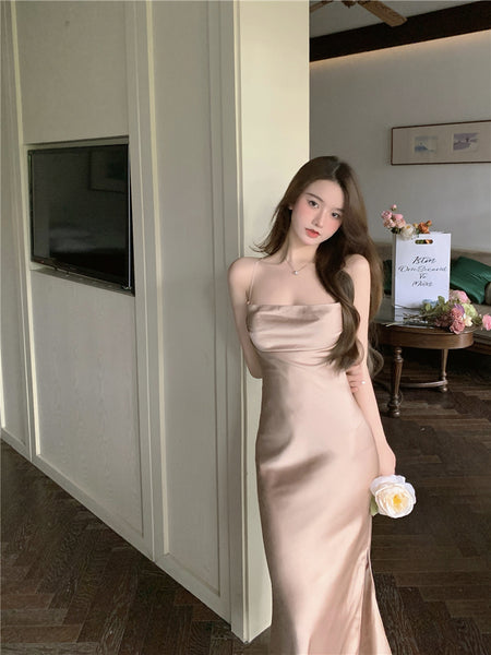 Amazing Sexy Women Back Hollow Backless Solid Color Satin Sleeveless Halter Strap Pencil Side Split Dress