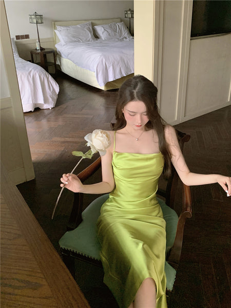 Amazing Sexy Women Back Hollow Backless Solid Color Satin Sleeveless Halter Strap Pencil Side Split Dress