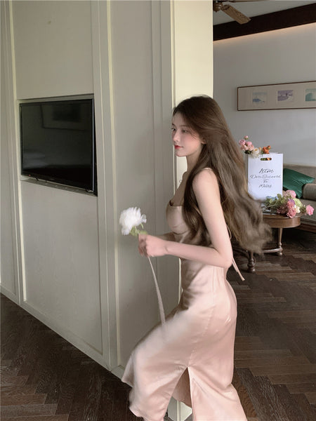 Amazing Sexy Women Back Hollow Backless Solid Color Satin Sleeveless Halter Strap Pencil Side Split Dress