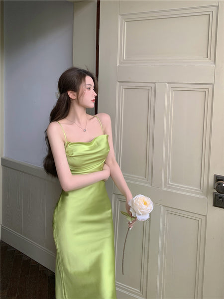 Amazing Sexy Women Back Hollow Backless Solid Color Satin Sleeveless Halter Strap Pencil Side Split Dress