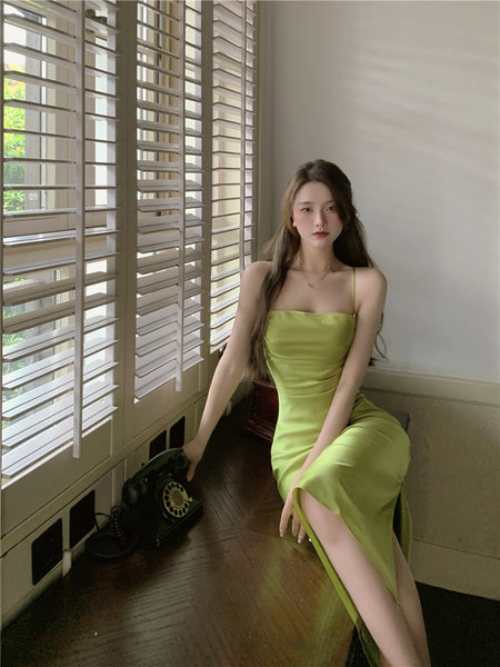 Amazing Sexy Women Back Hollow Backless Solid Color Satin Sleeveless Halter Strap Pencil Side Split Dress