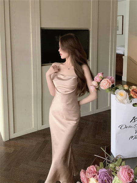 Amazing Sexy Women Back Hollow Backless Solid Color Satin Sleeveless Halter Strap Pencil Side Split Dress