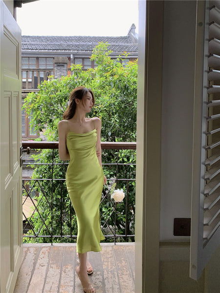 Amazing Sexy Women Back Hollow Backless Solid Color Satin Sleeveless Halter Strap Pencil Side Split Dress