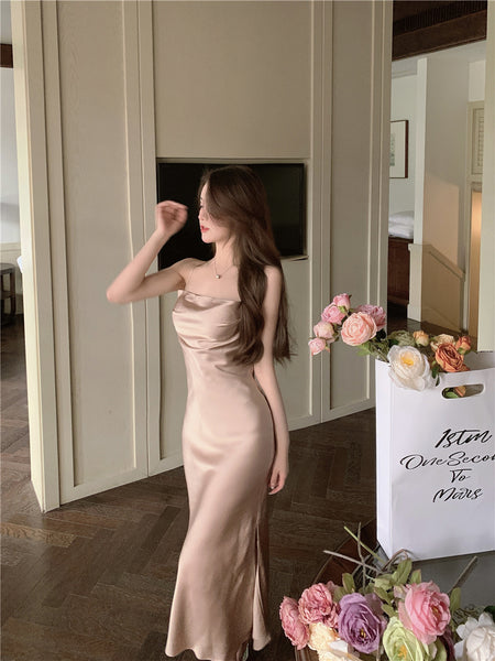 Amazing Sexy Women Back Hollow Backless Solid Color Satin Sleeveless Halter Strap Pencil Side Split Dress