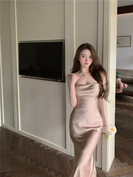 Amazing Sexy Women Back Hollow Backless Solid Color Satin Sleeveless Halter Strap Pencil Side Split Dress