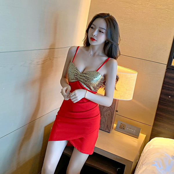 Summer Sexy Women Nightclub Shiny Sequin Stitching Spaghetti Strap High Waist Night Clubbing Dress