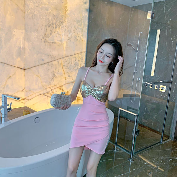 Summer Sexy Women Nightclub Shiny Sequin Stitching Spaghetti Strap High Waist Night Clubbing Dress