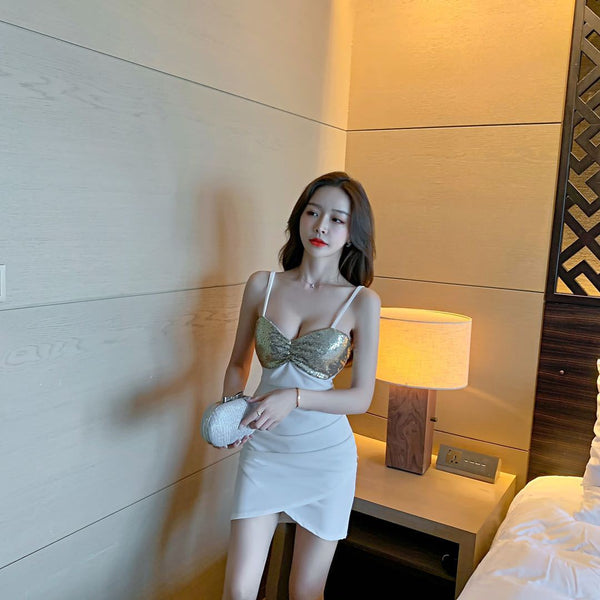 Summer Sexy Women Nightclub Shiny Sequin Stitching Spaghetti Strap High Waist Night Clubbing Dress