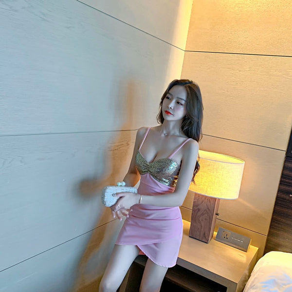 Summer Sexy Women Nightclub Shiny Sequin Stitching Spaghetti Strap High Waist Night Clubbing Dress