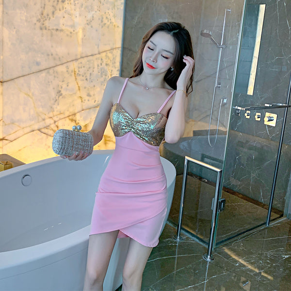 Summer Sexy Women Nightclub Shiny Sequin Stitching Spaghetti Strap High Waist Night Clubbing Dress
