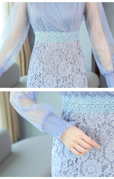Fairy Temperament Summer Elegant Women V Neck Mesh Long Sleeves Lace Tight Party Mini Skirt Dress Dresses