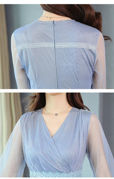 Fairy Temperament Summer Elegant Women V Neck Mesh Long Sleeves Lace Tight Party Mini Skirt Dress Dresses