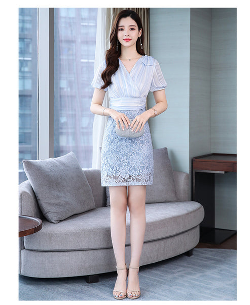 Fairy Temperament Summer Retro Elegant Women Pleated V Neck Short Sleeves Lace Party Mid Length Skirt Dress Dresses