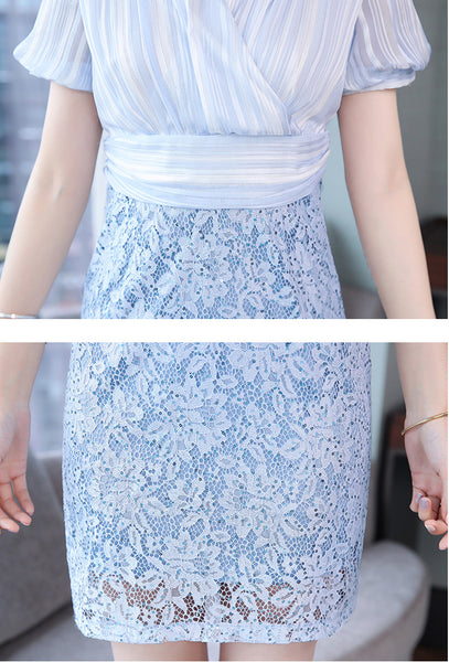 Fairy Temperament Summer Retro Elegant Women Pleated V Neck Short Sleeves Lace Party Mid Length Skirt Dress Dresses