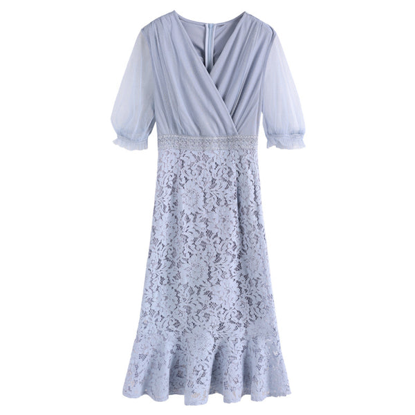 Summer Temperament Women Fashion Design Ruffle V Neck Short Sleeves Lace Party Mid Length Fishtail Dress