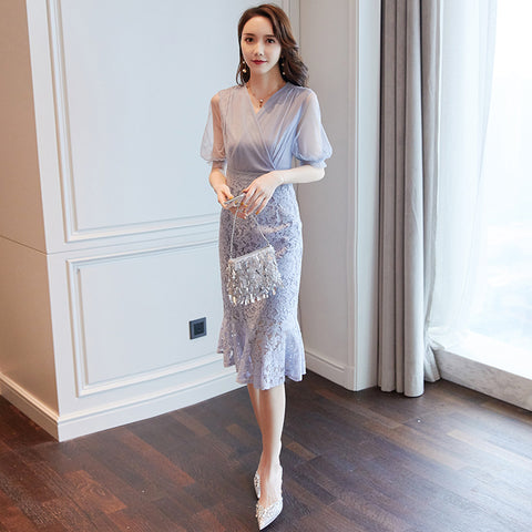 Summer Temperament Women Fashion Design Ruffle V Neck Short Sleeves Lace Party Mid Length Fishtail Dress