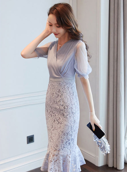 Summer Temperament Women Fashion Design Ruffle V Neck Short Sleeves Lace Party Mid Length Fishtail Dress
