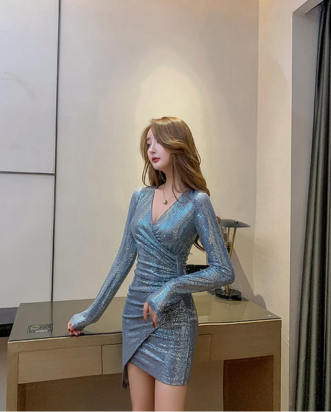 Temperament Sexy Trendy Women Ladies Mermaid Green Pleated Shiny Sequined V Neck Long Sleeves Irregular Mini Dress Skirt