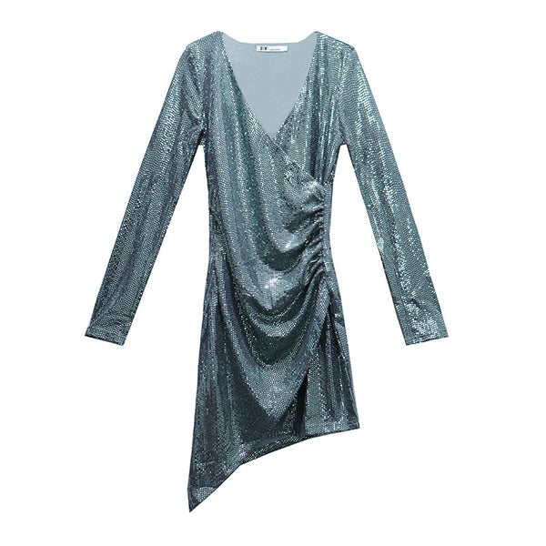 Temperament Sexy Trendy Women Ladies Mermaid Green Pleated Shiny Sequined V Neck Long Sleeves Irregular Mini Dress Skirt