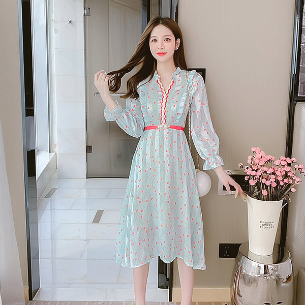Summer Fairy Temperament Chic Fashion Women Chiffon Ruffle Long Sleeved Polka Dot Belt A-line Dress