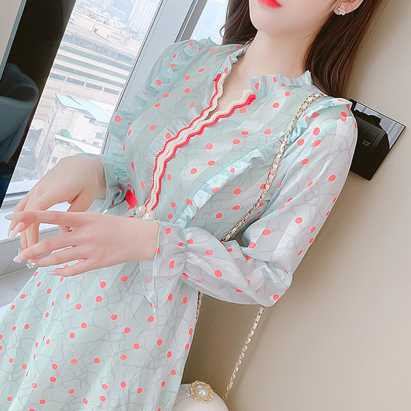 Summer Fairy Temperament Chic Fashion Women Chiffon Ruffle Long Sleeved Polka Dot Belt A-line Dress