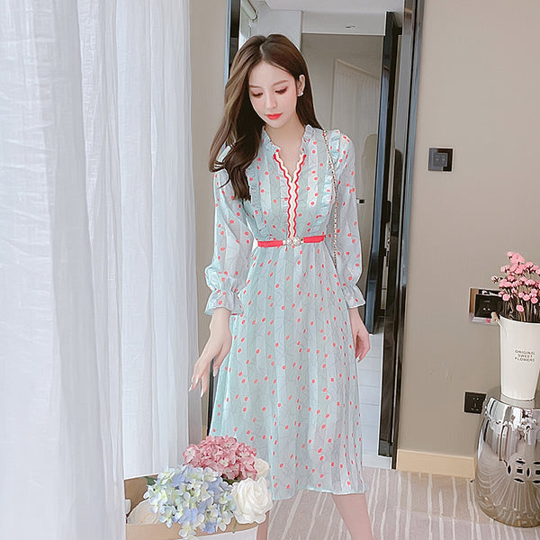 Summer Fairy Temperament Chic Fashion Women Chiffon Ruffle Long Sleeved Polka Dot Belt A-line Dress