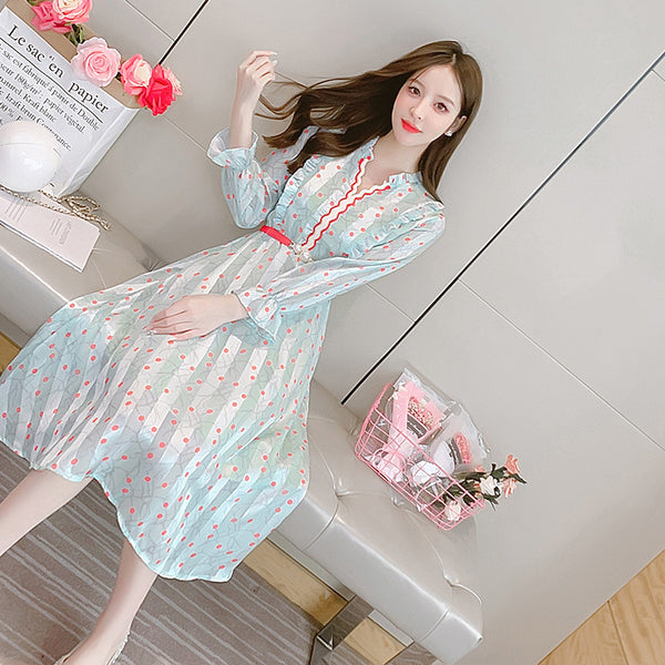 Summer Fairy Temperament Chic Fashion Women Chiffon Ruffle Long Sleeved Polka Dot Belt A-line Dress