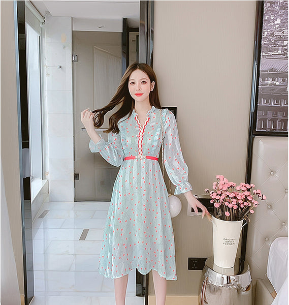 Summer Fairy Temperament Chic Fashion Women Chiffon Ruffle Long Sleeved Polka Dot Belt A-line Dress
