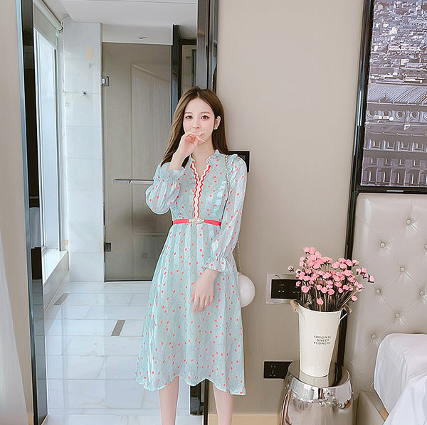 Summer Fairy Temperament Chic Fashion Women Chiffon Ruffle Long Sleeved Polka Dot Belt A-line Dress