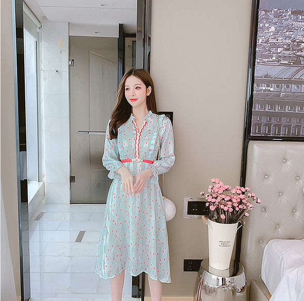 Summer Fairy Temperament Chic Fashion Women Chiffon Ruffle Long Sleeved Polka Dot Belt A-line Dress