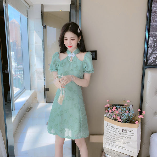Summer Fairy Temperament Chic Fashion Women Cheongsam Style Stand Collar Chiffon Ruffle Short Sleeved High Waist Dress