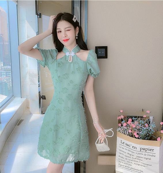 Summer Fairy Temperament Chic Fashion Women Cheongsam Style Stand Collar Chiffon Ruffle Short Sleeved High Waist Dress