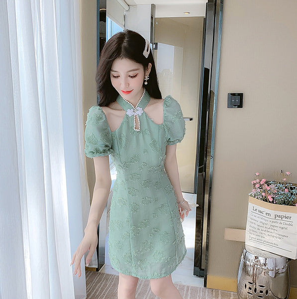 Summer Fairy Temperament Chic Fashion Women Cheongsam Style Stand Collar Chiffon Ruffle Short Sleeved High Waist Dress
