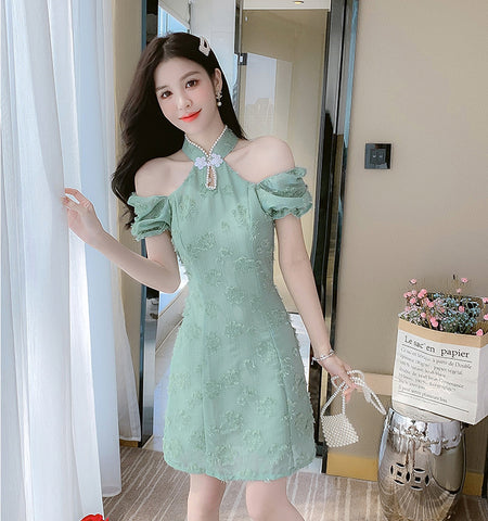 Summer Fairy Temperament Chic Fashion Women Cheongsam Style Stand Collar Chiffon Ruffle Short Sleeved High Waist Dress